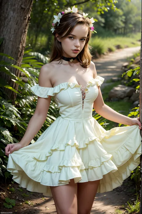 masterpiece, best quality, extremely detailed 8K wallpaper, 1girl, outdoors, ,strapless dress, dress, layered dress,white flower, hair ornament, purple eyes, (choker), outline, (black gloves), bare legs, renatadaninsky