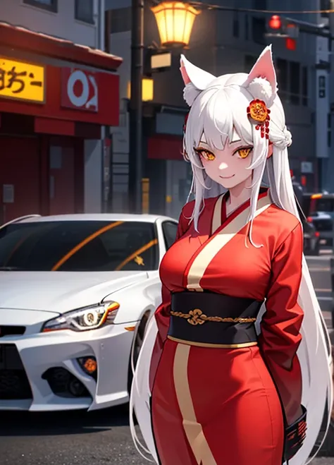 1girl in, Yellow eyes, Long hair, White hair, Smiling face, Red kimono, Large breasts, lightsmile, arms behind back, Hair Ornament, Animal ears, super realistic car、(AE86 Toyota)