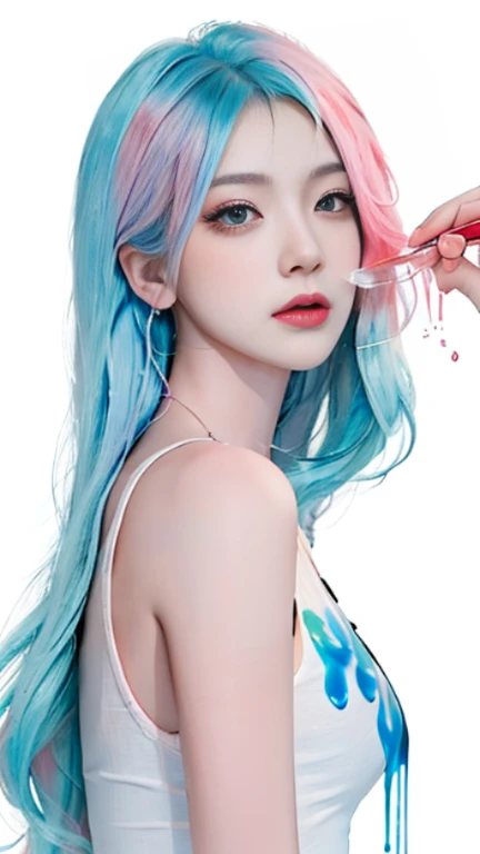 (Masterpiece, Best Quality, High Resolution), White Background, Acrylic Paint, ((Color Splash, Splash of Ink, Color Splash)), Sweet Chinese Girl, Long Light Blue Hair, [Light Blue|Pink] Hair, Curly Hair, Glitter, Peach Lips, White Shirt, Front, Upper Body