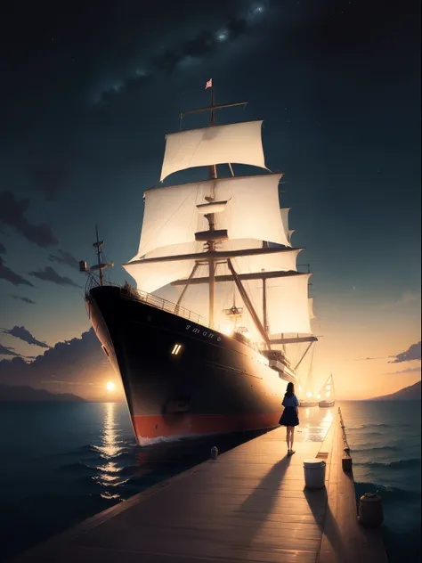 there a girl standing on a dock looking at a ship in the sea, calm night. digital illustration, makoto shinkai. digital render, sailing ship