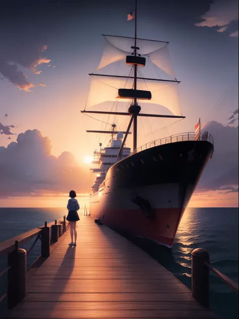 there a girl standing on a dock looking at a ship in the sea, calm night. digital illustration, makoto shinkai. digital render, sailing ship