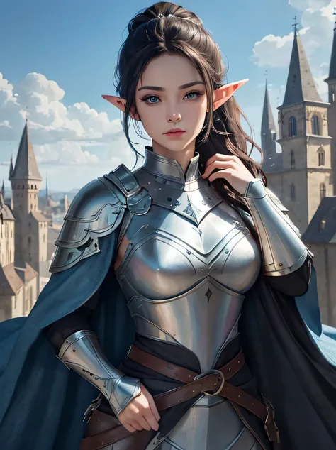 ((​masterpiece、top-quality、ultra-detailliert、hight resolution、foco nítido、Photorealsitic、lighting like a movie))、Beautiful 40 year old female elf upper body portrait、cowboys&#39;A cloth cloak with a shabby pattern、Richly textured black leather armor and le...