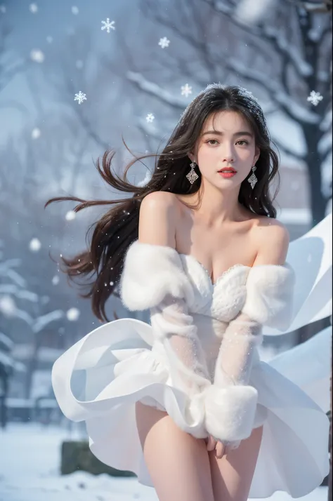 tmasterpiece、quality、ultra - detailed、Marilyn Tugg ， Focus on thighs and above，Clear face，（Best quality at best）， beuaty girl：1.5、(Red fluffy off-shoulder dress style)，long hair fluttering，Snowflake earrings、snowflakes falling、bblurry、Snow World