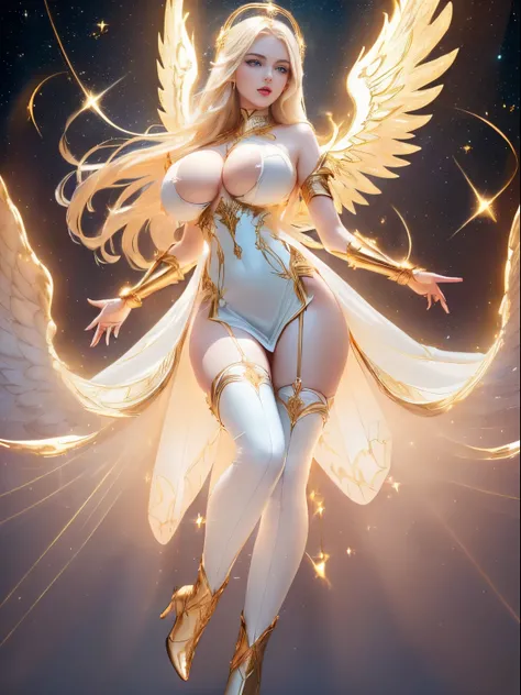 ((Magnificent, celestial, floating above ground)) ((posing sexy)) ((beautiful russian supermodel is a celestial angel)) ((Big bright blue eyes)), ((dark eyeshadows make up)) ((bright red lipstick)), ((with seductive gaze)) ((very long light blonde hair))((...