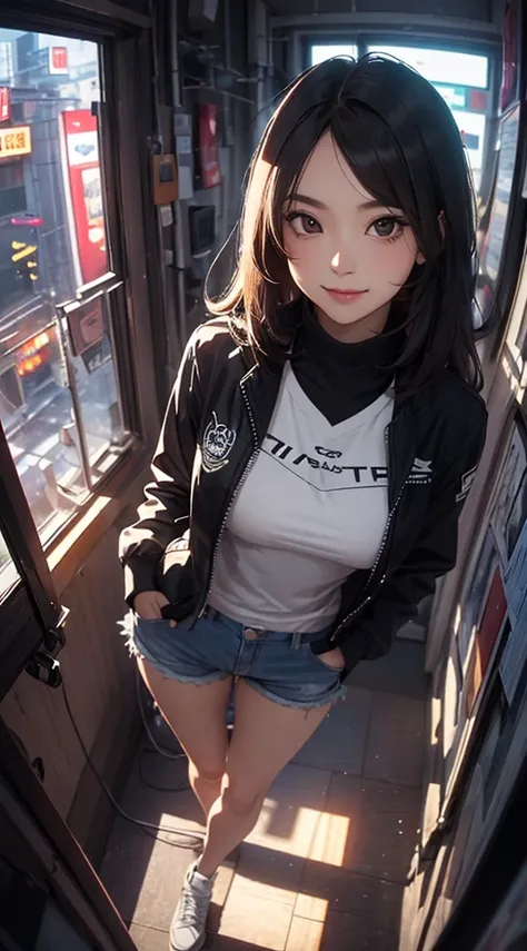 ((8k wallpaper of extremely detailed CG unit, ​masterpiece, hight resolution, top-quality)), (Beautuful Women, Smiling smile, Pose like a model with your hands in your pockets:1.8, Grunge Fashion, Wearing a cyberpunk jacket:1.2, Wearing micro mini shorts:1...