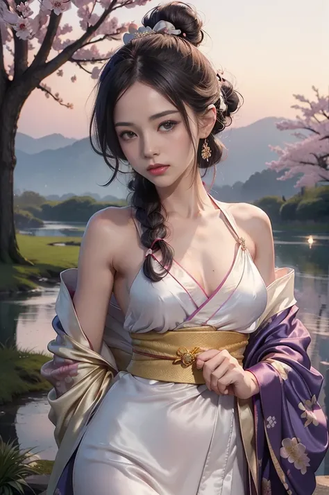 pond, feudal japanese architecture, Female, Women, , EROTIC, View viewer, romantic, loving, love, FacingViewer, colorfully, long-haired, (Comb your hair into a perfect bun.:1.3), (asian:1.3), My leg., bandana, ribbons, Twilight Blue, shiny silver color, pu...