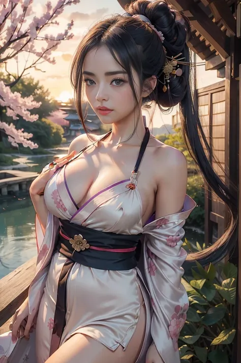 pond, feudal japanese architecture, Female, Women, , EROTIC, View viewer, romantic, loving, love, FacingViewer, colorfully, long-haired, (Comb your hair into a perfect bun.:1.3), (asian:1.3), My leg., bandana, ribbons, Twilight Blue, shiny silver color, pu...