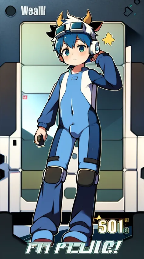 Two-dimensional boy Shota，one piece mountaineering suit，Slim, Healthy body，Wear the headphones on your head，The stands up，protective goggles，cow horn，Cow ears，leg loops