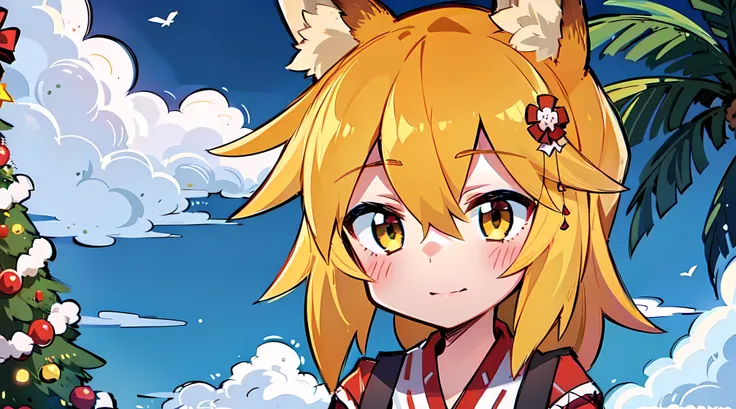 Yandex chan, A  girl, Fox ears, Clouds, the trees, Christmas tree, garland