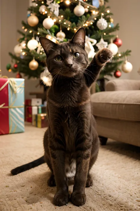 Cat dance with cristmas tree