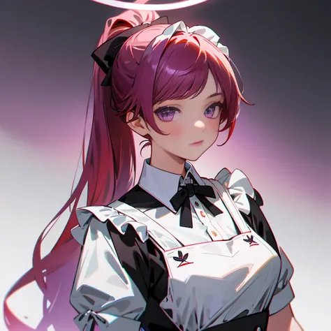 masterpiece,(best quality, illustration,detailed face:1.3),(1girl,solo:1.3),beautiful detailed eyes,  apron, gradient_background, gradient, maid, purple eyes,red hair,small breasts,, BREAK, enmaided, white_apron, black_dress, ponytail, black_footwear, fril...