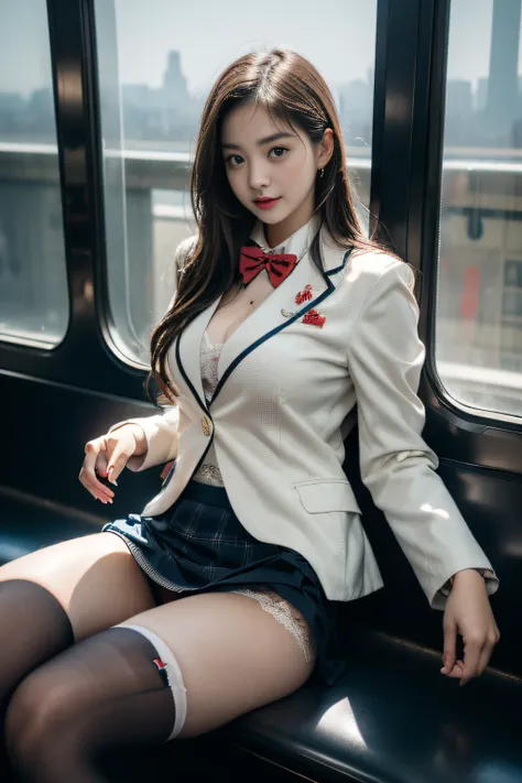 ((Female student sitting on a train seat ))，Charming eyes，Heartwarming action，Turn your face away from the camera，stooped，Bend over，turn back，Look up at your head，thick and long black hair，Highly detailed body，Highly detailed face，best qualtiy、(P boobs iNK...