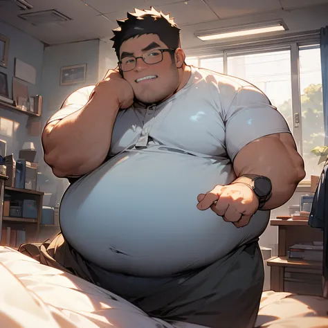 masutepiece,top-quality, 8k, a fat man is staring at his computer in his room late at night., 30-years old, nerdy, pull the ligh...