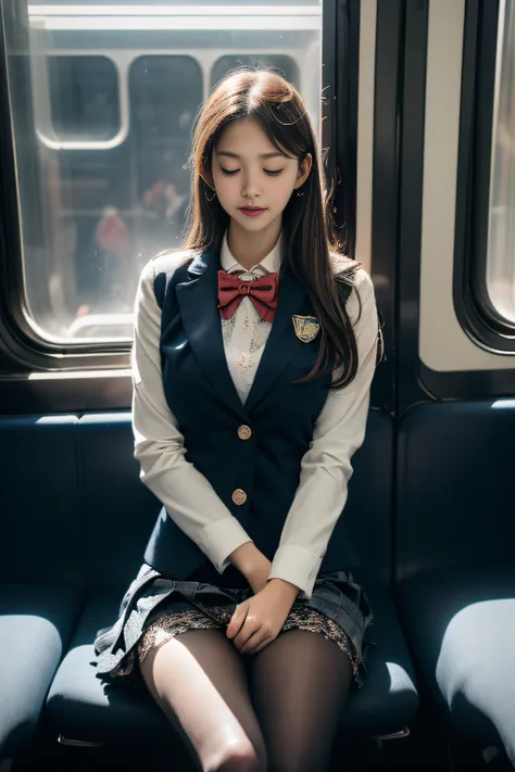 ((female student sitting on a train seat ))，charming eyes，heartwarming action，turn your face away from the camera，stooped，bend o...