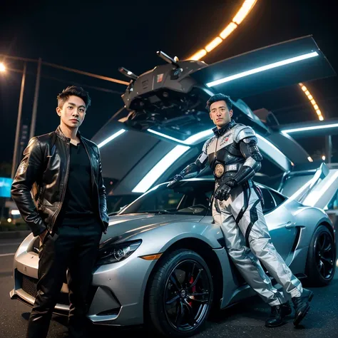 scientific fiction，Asian people，A handsome man in his 30s looks like a future sports car，Wearing a mech suit，oda&#39;There&#39;s a metal sci-fi tiger next to me，Future Machine City