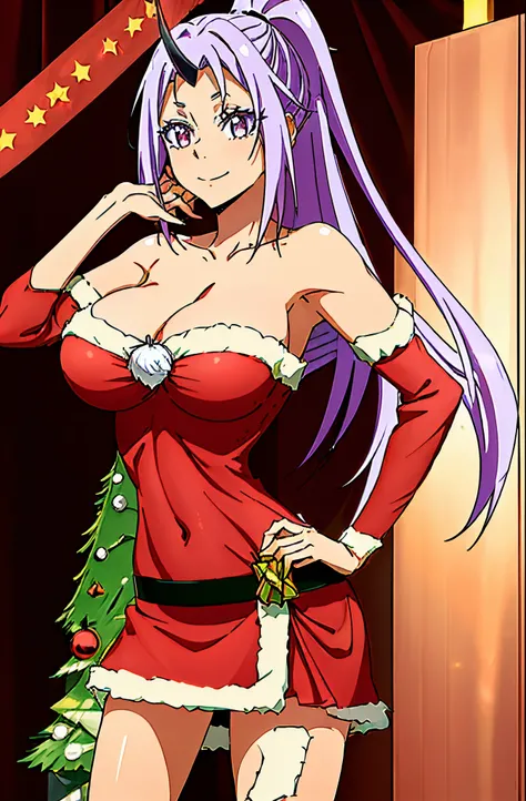 (background at room:1.3), (Christmas tree), cleavage, (Black_Single_horn:1.1), Purple_hair, Purple_Eyes, Bangs, high_Ponytail, 1 girl, 20yr old, infp young woman, Beautiful Finger, Beautiful long legs, Beautiful body, Beautiful nose, Beautiful character de...