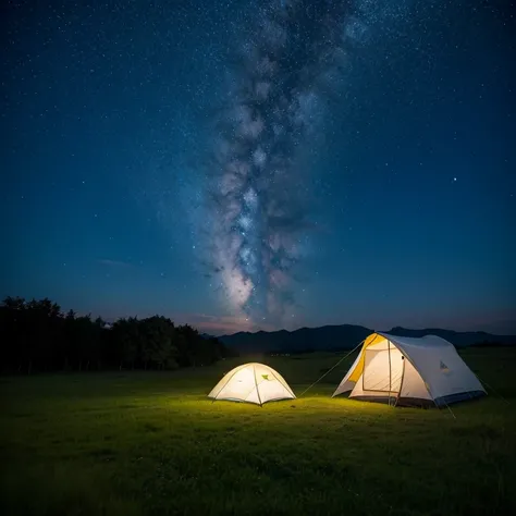 Under a starry sky，There  an empty grassland，There  a tent set up on the grassland