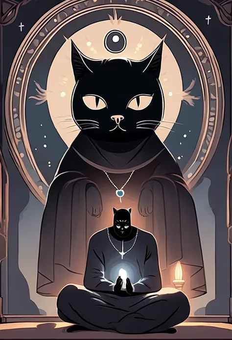 spiritual　praying person and black cat