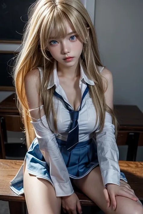 Beautiful 15 year old shy blonde girl in school uniform and white miniskirt, beautiful blue eyes, breasts, long blonde hair, long thick bangs, ultra detailed hair, messy hair, golden hair, flirting, looking at viewer, sitting at a table , sexy school unifo...