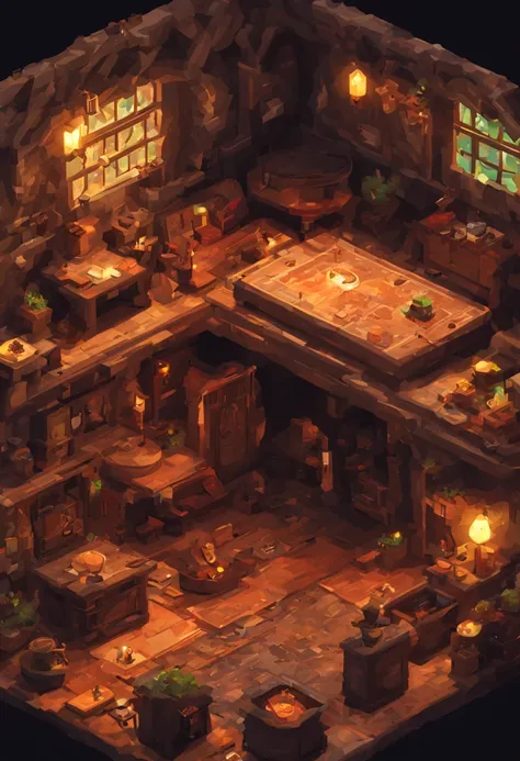 indie game art, isometric, sad, interior of druids cottage, dull