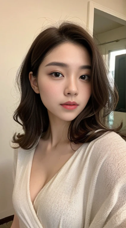 A woman with the same face as last time，１Man Woman、Slender Abs、Loose wavy styling、Please express it beautifully in every detail.、Agra、bath robe, Including face and skin texture.，Detailed eyes，Seducting look、full body Esbian