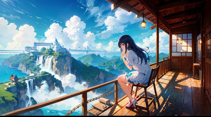 Anime girl setting, sitting on the balcony of a cabin overlooking the sea, author Miyazaki, makoto shinkai cyril rolando, Amazing Miyazaki, miyazakis animated film, Studio Ghibli art style, beautiful anime scene, miyazaki film, style of hayao miyazaki, Miy...