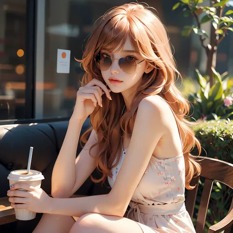 sunglasses,drinking a cup of coffee, 1model woman sittting in cafe, Solo, peach hair, sunglasses,Bangs, up looking_で_viewer, Eyelashes, the Extremely Detailed CG Unity 8K Wallpapers,masutepiece, Best Quality, Ultra-detailed, Beautiful detailed eyes:1.2,Bes...