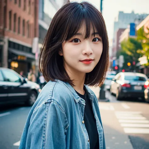 best quality, ultra-detailed, an extremely delicate and beautiful, depth of field, ultra high res, (photorealistic:1.4), a woman, short hair, casual wear, downtown, (morning:1.5)