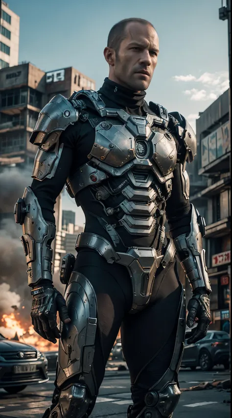 jason statham plays the gray and black mecha action hero,cyberpunk style wearing futuristic battle suit with tactical gear in mo...