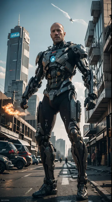 jason statham plays the gray and black mecha action hero,cyberpunk style wearing futuristic battle suit with tactical gear in mo...