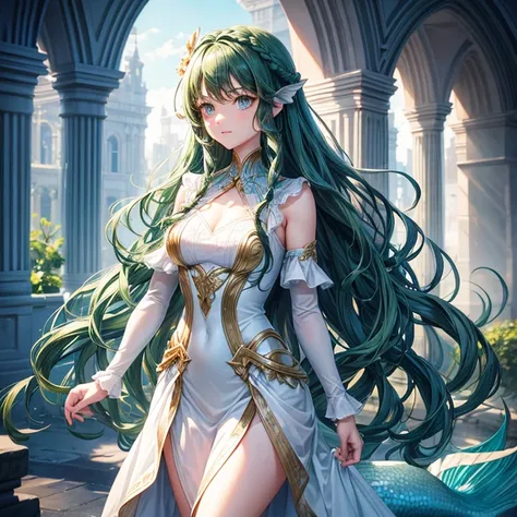 ( detailed face) mermaid Single female with legs. (Dark green) wavy hair( braided ). Standing up (facing forward).  Blue eyes. White clothes