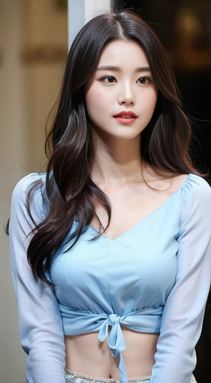 A woman with the same face as last time，１Man Woman、Slender Abs、Loose wavy styling、Please express it beautifully in every detail.、Chiffon blouse, Including face and skin texture.，Detailed eyes，Seducting look、full body Esbian