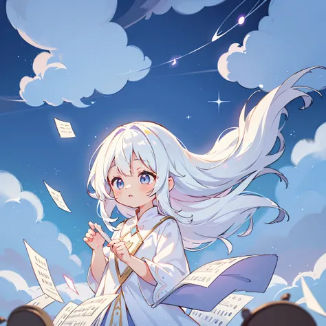 wallpaper,dynamic angle,dynamic lighting,depth of field, cinematic lighting, sparkle, glowing light, 8k, 1girl, kawaii, white hair, flowy hair, white glowing crystal eyes, silky white clothes, on a cloud, papers of music sheets, ((floating papers of music ...