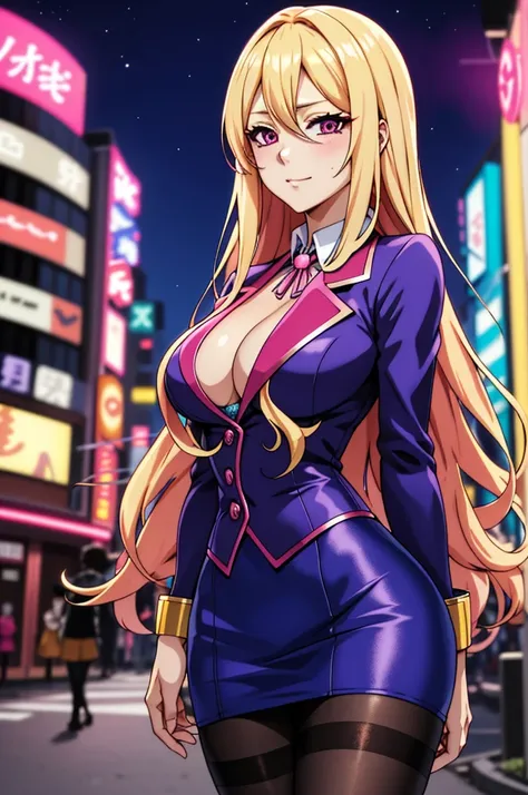 Bewitching anime busty blonde woman in blue suit and tight skirt、Pink eyelack tights,Inviting look、Show off your chest、Shirt and long golden hair,Ecchi anime style,Kamimei,Red Light District at Night,neonokeh in the background