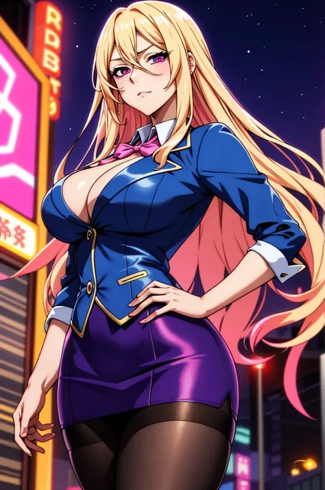 Bewitching anime busty blonde woman in blue suit and tight skirt、Pink eyelack tights,Inviting look、Show off your chest、Shirt and long golden hair,Ecchi anime style,Kamimei,Red Light District at Night,neonokeh in the background