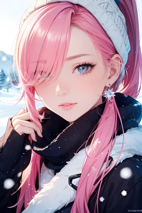 (masterpiece), (best quality), 1female, (long_ponytail pink color hair), (hair over one eye:1.21), wearing winter outfit, snowy scenery, visible snow flakes in the air, detailed beautiful eyes, detailed gorgeous face, perfect anatomy, perfect shading, dram...