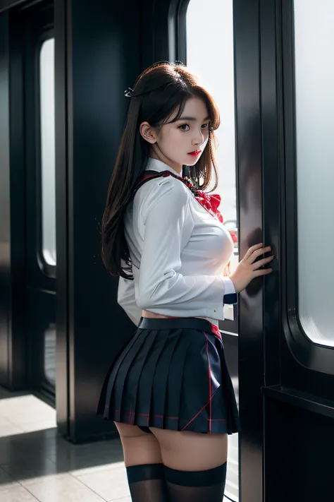 ( Female student standing near the train door)，((posterior view))((Looks Back))、Charming eyes，Heartwarming action，Turn your face away from the camera，stooped，Bend over，turn back，Look up at your head，thick and long black hair，Highly detailed body，Highly det...