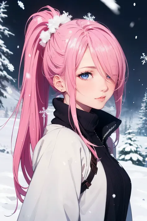 (masterpiece), (best quality), 1female, (long_ponytail pink color hair), (hair over one eye:1.21), wearing winter outfit, snowy scenery, visible snow flakes in the air, detailed beautiful eyes, detailed gorgeous face, perfect anatomy, perfect shading, dram...