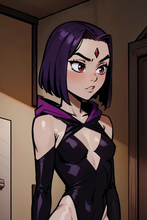 Raven wearing Spidergwen costume, Raven costume, red jewel on forehead, flat chested, hooded bodysuit