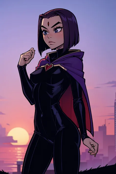 Raven wearing Spidergwen costume, Raven costume, red jewel on forehead, flat chested, hooded bodysuit