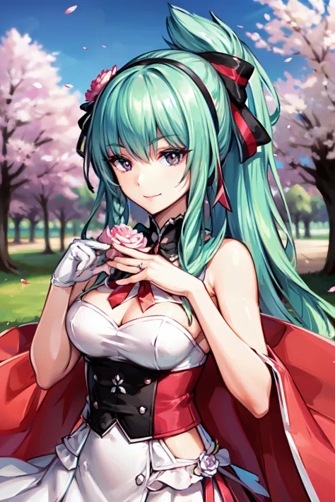 1 girl, black eyes with slit pupils,  Tousled long aqua hair and high ponytail, side braid, hair bow, hair ribbon, black hairband, small breasts, master-piece, best quality,  proportional body, proportional, Wedding Dresses, White Wedding Dress, Long skirt...