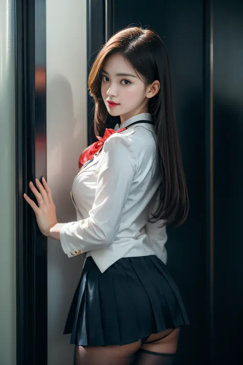 ( Female student standing near the train door)，((posterior view))((Looks Back))、Charming eyes，Heartwarming action，Turn your face away from the camera，stooped，Bend over，turn back，Look up at your head，thick and long black hair，Highly detailed body，Highly det...