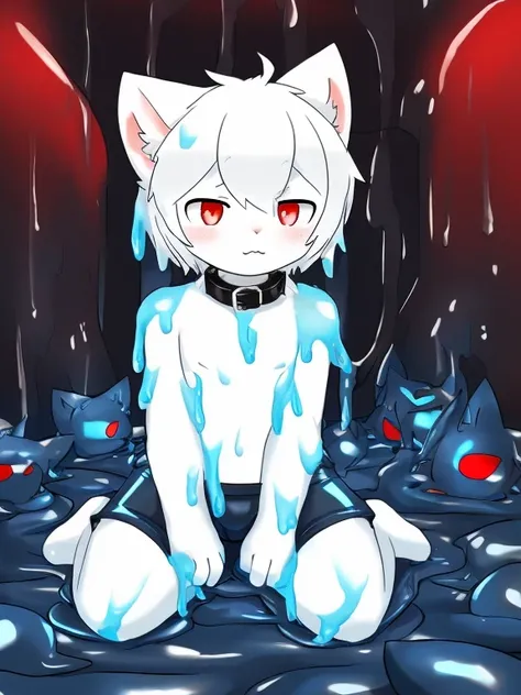 A male white cat wearing black boxers，kneeling in blue slime，This white cat  covered in muculue slime drowns white cat&#39;s，Thighs covered with slime，slimes，collars，Red pupils，Cat ears，Cat nose