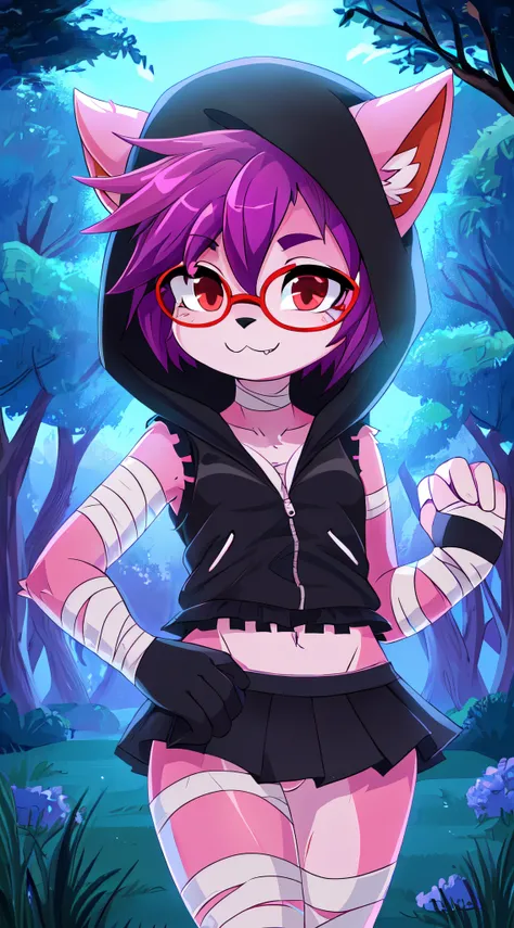 Furry girl, young, bat, magenta hair, spiky hairstyle, spiky ponytail, spiky side hair, emo girl, red eyes, two tone body fur, pink body fur, clear pink body fur, small breasts, bat wings on back, fangs, ((red glasses, black hood on head, black vest, open ...