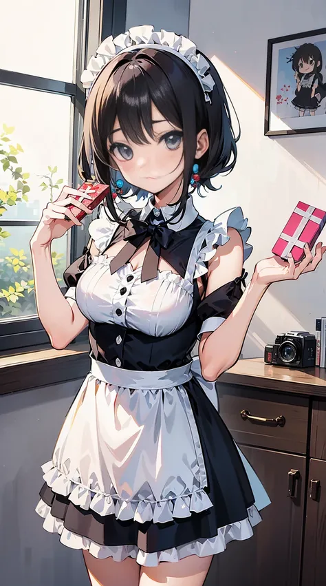 (Anime girl), ((manga style)), maid costume, ((handing camera a gift box)), she is embarresed, she is flustered, good illustration, office setting, window background, reflections, nylon