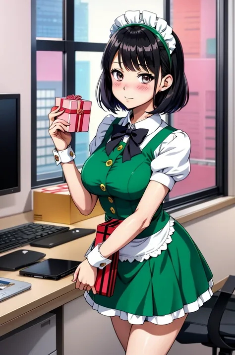 (Anime girl), ((manga style)), maid costume, ((handing camera a gift box)), she is embarresed, she is flustered, good illustration, office setting, window background, reflections, nylon