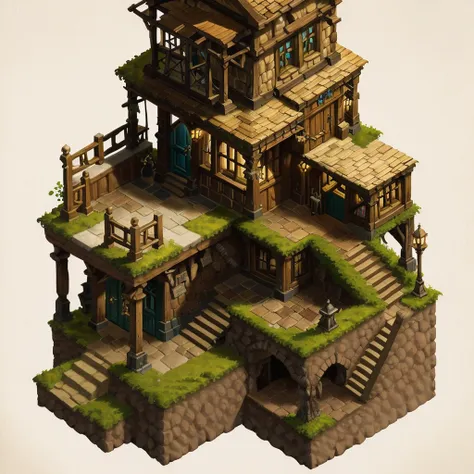 absurderes, best quality, fantasy, isometric, knoling style (inside a miniature wooden pub:1.2), wood, a chair,a table,dual,tave...