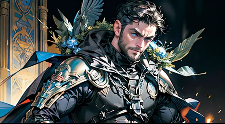 Highest quality, masterpiece, male, black super short hair, blue eyes, armor, cape, brightly colored, bright picture, paladin, muscular, short beard, mature, glowing particle special effects, church, national character face, tall, strong, rough face, falli...