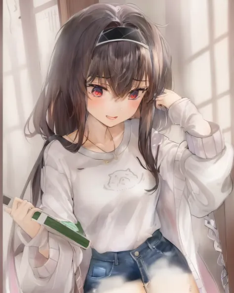 anime girl with long hair and a white shirt holding a book, anime moe artstyle, in an anime style, in anime style, clean detaile...