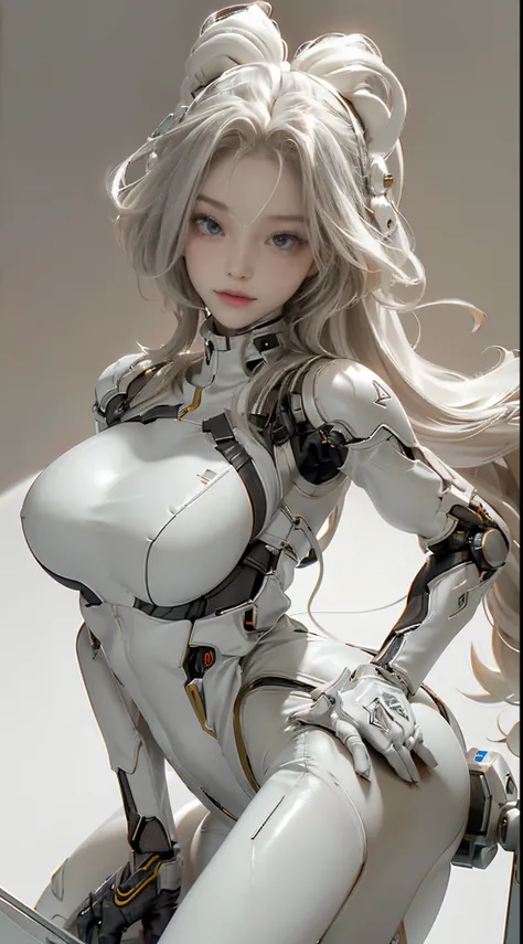 Extremely cute human eighteen year old girl face, human torso, human huge boobs, human abdomen, human hips, robotic arms, mechanical legs, arms and legs with hard white shiny shell and black joints, very beautiful and feminine, short, petite, small, small,...